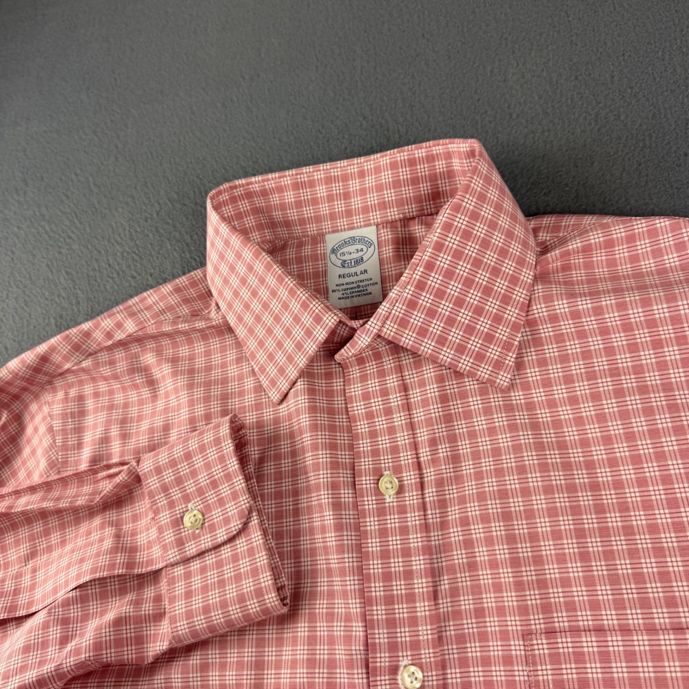 Brooks Brothers Shirt Men's 15.5-34 Pink Plaid Non Iron Stretch Supima Cotton